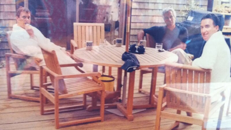 Photo shows Andrew Mountbatten-Windsor, Peter Mandelson in bathrobes with Jeffrey Epstein